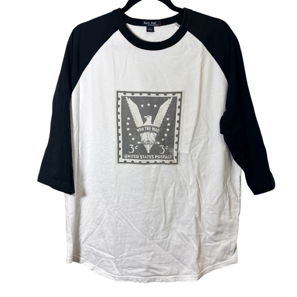 Vintage Win The War Stamp Baseball Tee Shirt White And Black Mens Large
